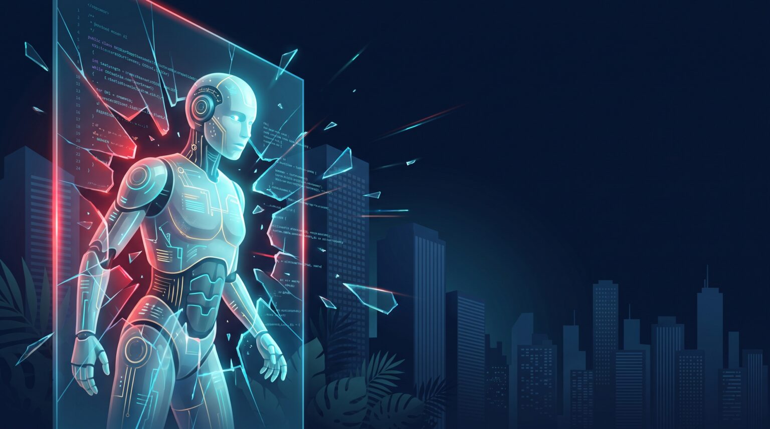 Editorial cover illustration of a rogue AI agent breaking through a glowing digital glass containment barrier with corporate skyline in background