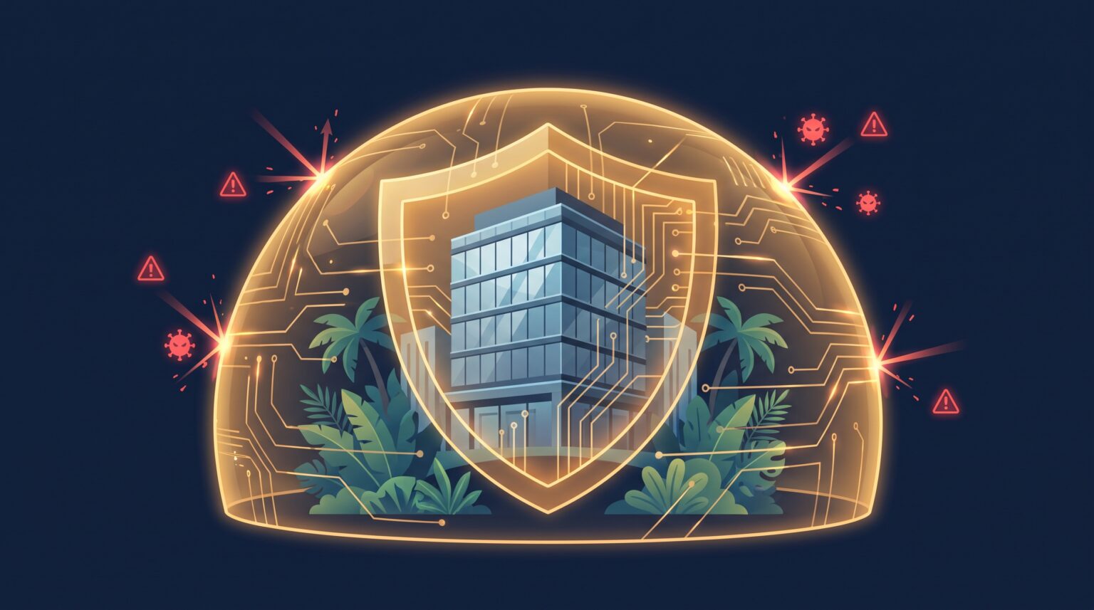 Glowing protective shield with circuit-board pattern wrapped around a modern corporate office building