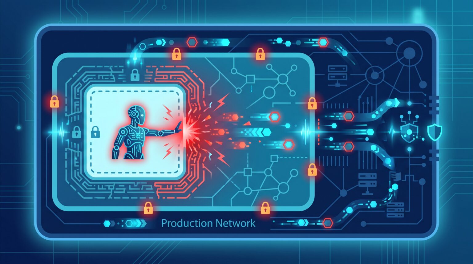 Layered security architecture diagram showing nested sandbox, restricted zone, and production network layers with an AI agent at the breach boundary